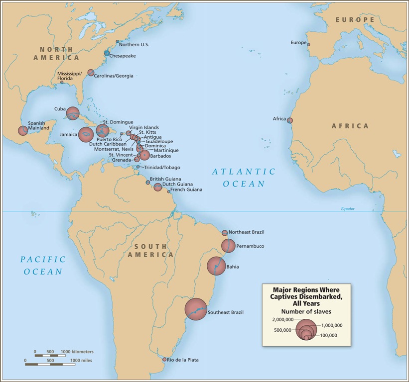 Map 8: Major regions where captives disembarked, all years