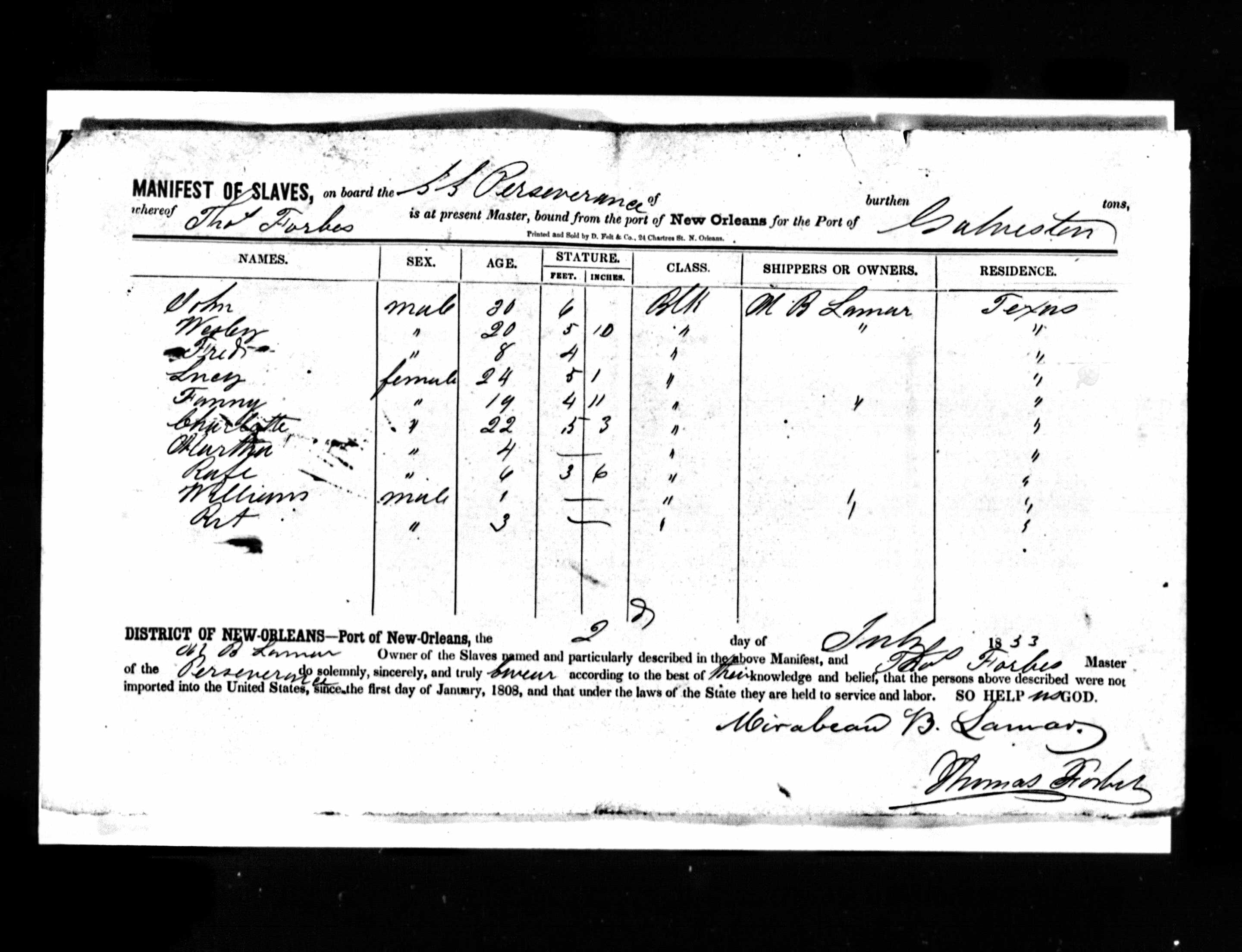 Ship manifest for the S. S. Perseverance dated July 2, 1833 noting the transportation of ten enslaved people.