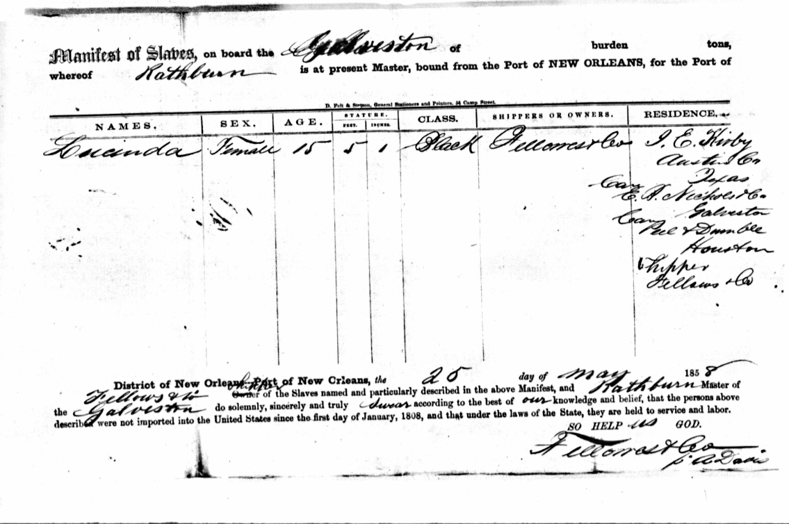 Figure 1 – Slave Manifest of the Steamship Galveston, May 25, 1858. Source: National Archives and Records Administration (Washington, DC), Slave Manifests of Coastwise Vessels Filed at New Orleans, Louisiana, 1807-1860, Outward Series, v. Microfilm Serial M1895, RG 36.