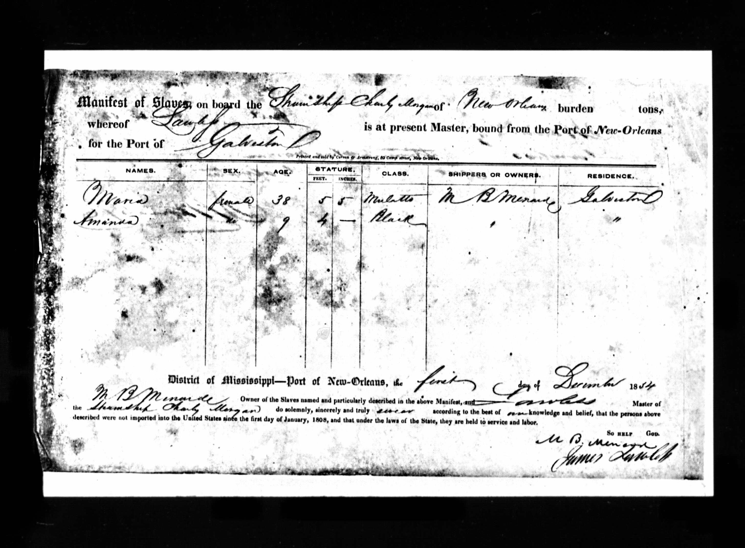 Ship manifest for the Steamship Charly Morgan showing the transportation of two enslaved people dated December 1, 1834.