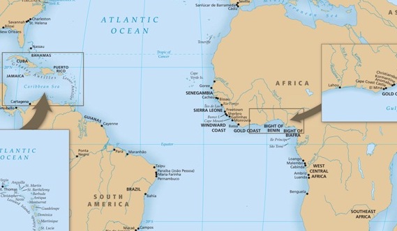 Major regions and ports involved in the trans-Atlantic slave trade, all years